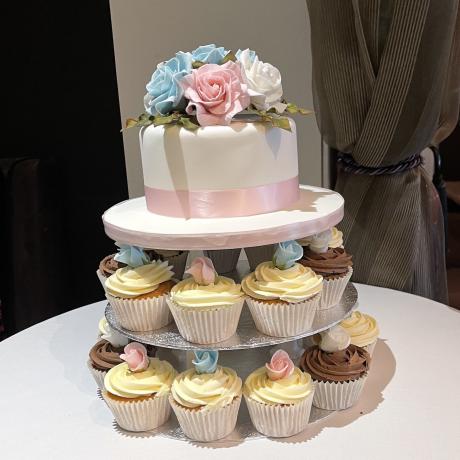 Baby Pink, Blue and White themed cupcake design.