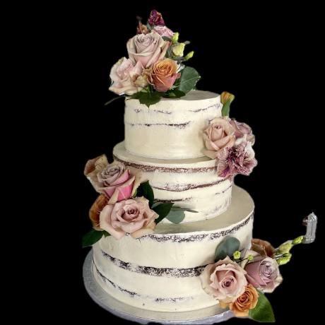 Fresh summer rose semi-naked wedding cake