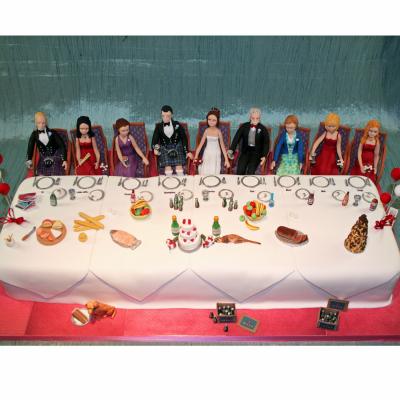 Top Table with Wedding Cake, Salmon, Drinks and Croquembouche