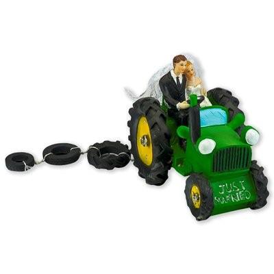 Bride and Groom in Green Tractor Wedidng Cake Topper